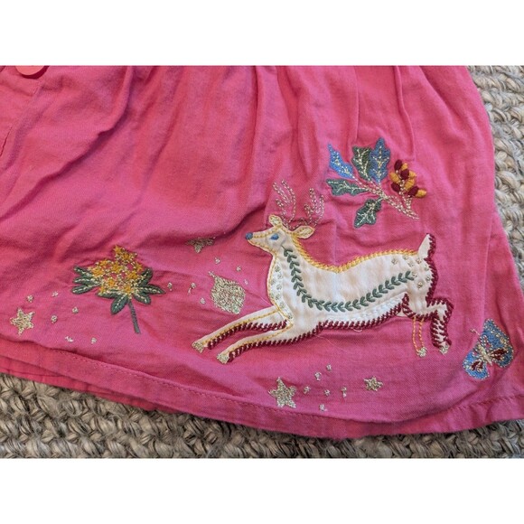 Mini Boden Pink Button Skirt Winter Woodland Deer Applique Embroidery Girls 6-7 - Picture 2 of 7